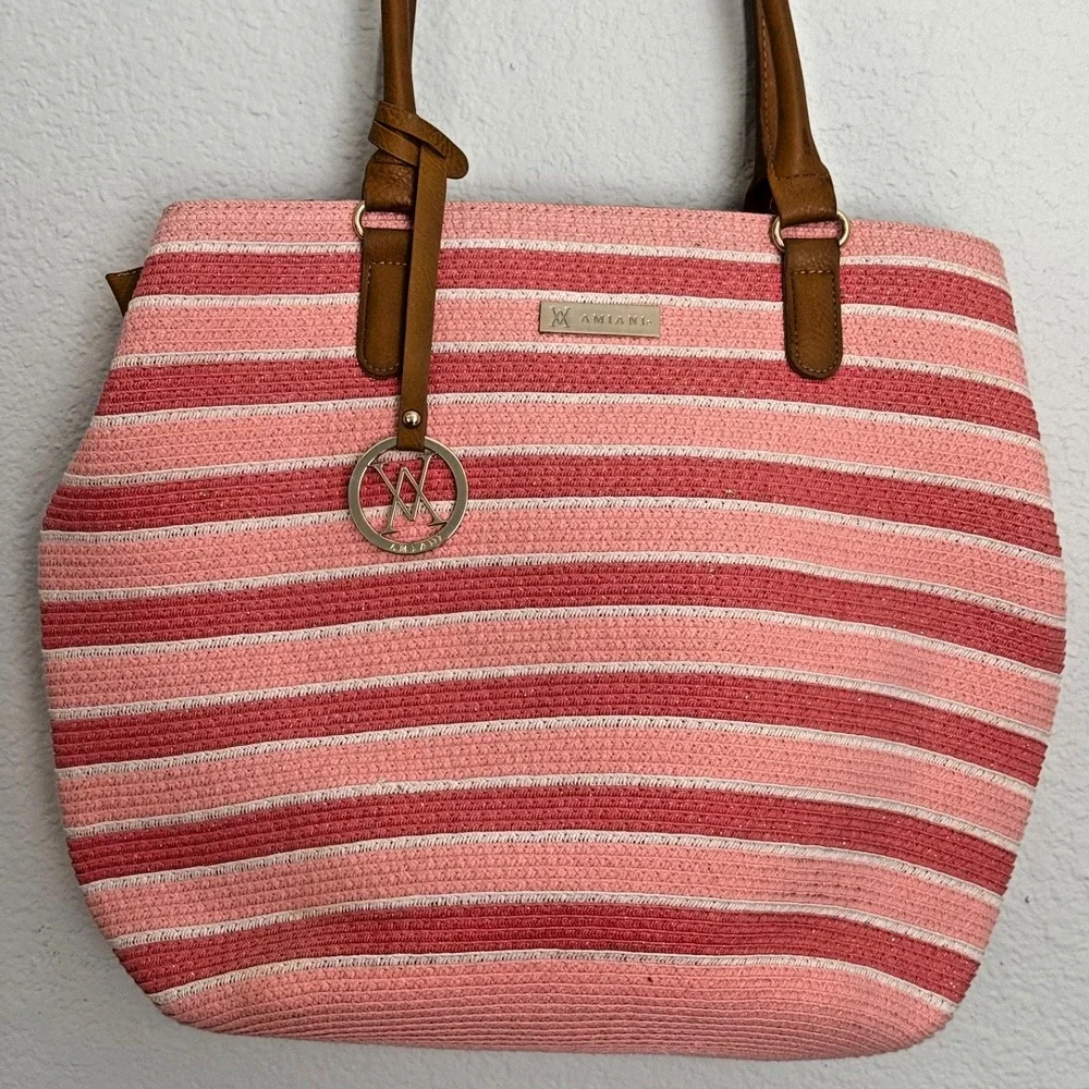 Amiani Pink Beach Bag Tote Zipper Closure Stripped Handbag‎ Gold Shimmer